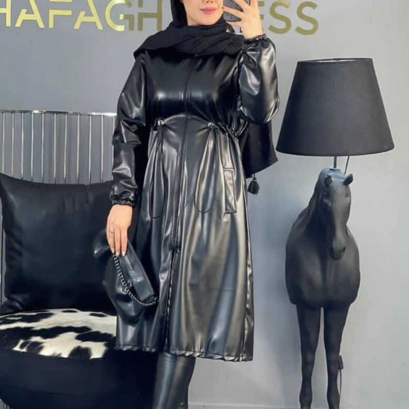 مانتو چرم بارونی کلاهدار (پک 2 عددی)