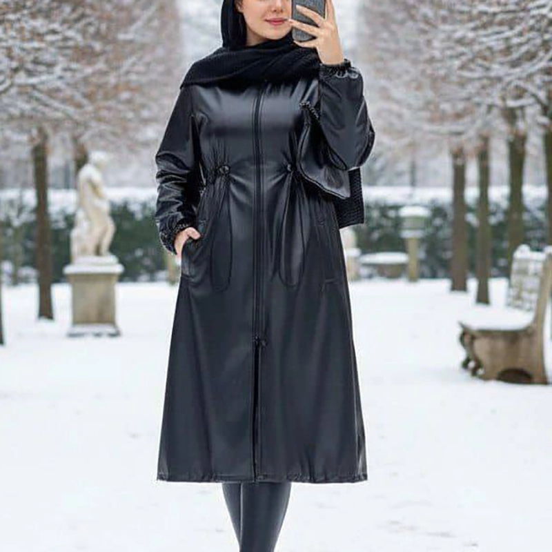 مانتو چرم بارونی کلاهدار (پک 2 عددی)