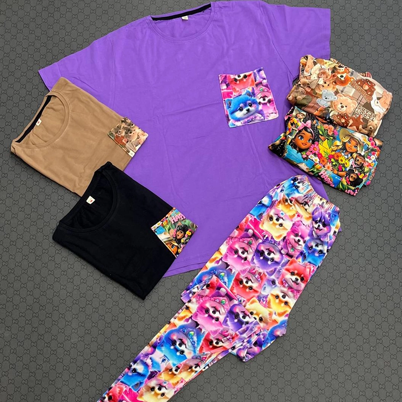 ست تیشرت تک جیب و شلوار مخمل استیکری ( پک 3 عددی )